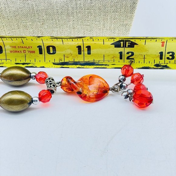 Red Orange Beaded Necklace Twisted Glass Accents Tassel Silver Tone Boho Gift - Picture 3 of 6